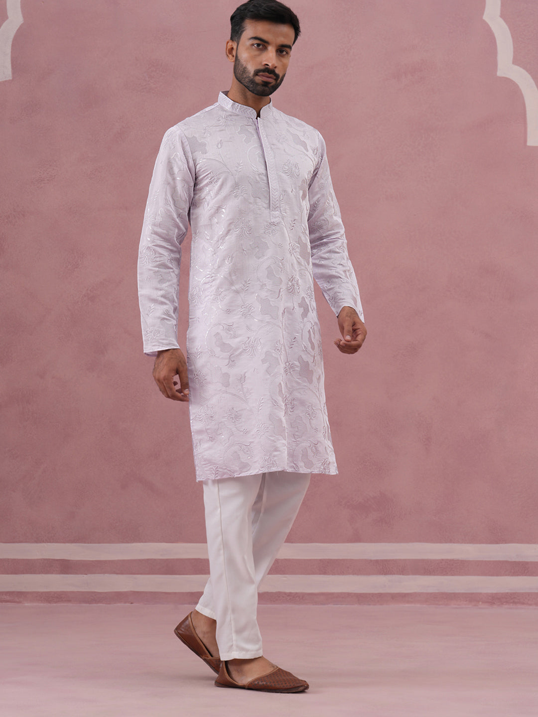 Men's Embroidered Silk Blend Kurta Pyjama Set ( 65KP P 5338 P 5338Lavender ) [FF] [A-1-4]