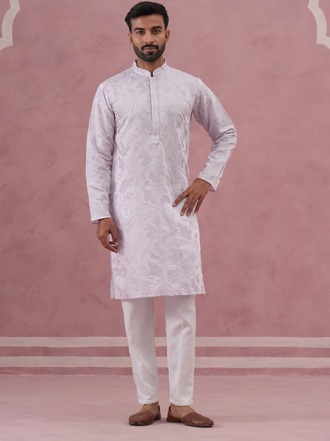 Men's Embroidered Silk Blend Kurta Pyjama Set ( 65KP P 5338 P 5338Lavender ) [FF] [A-1-4]
