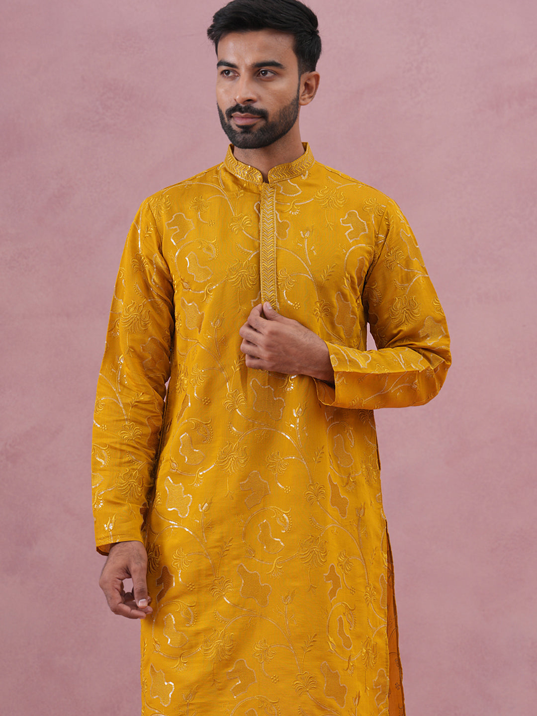 Men's Embroidered Silk Blend Kurta Pyjama Set ( 65KP P 5338 P 5338Mustard ) [FF] [A-1-4]