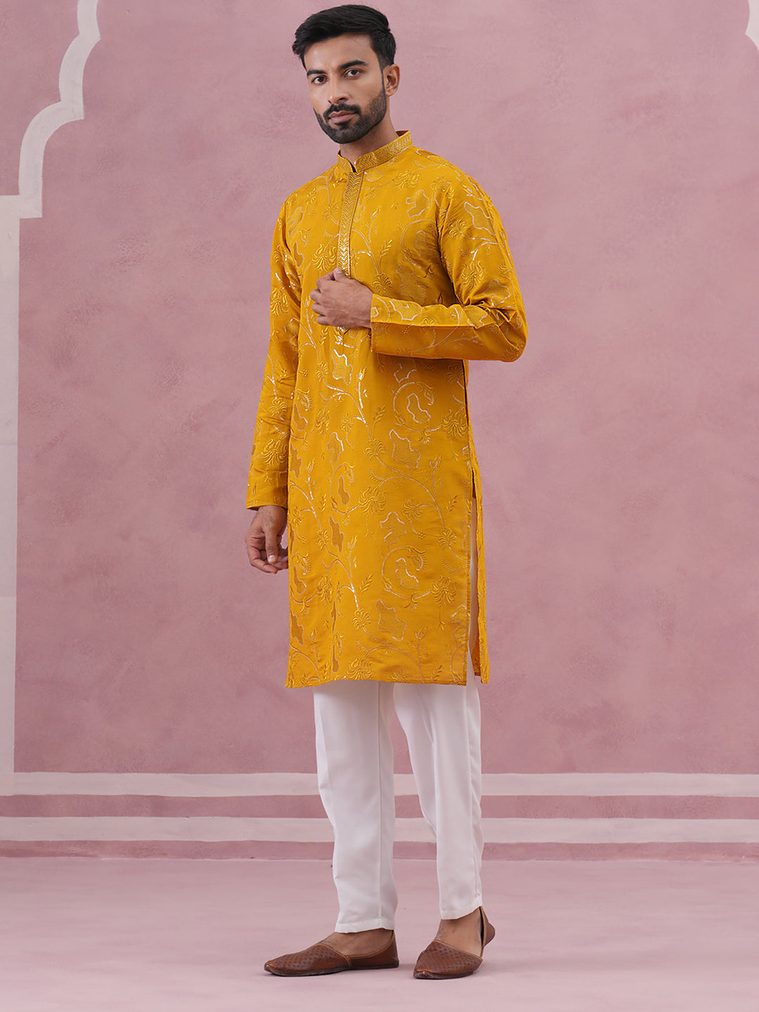 Men's Embroidered Silk Blend Kurta Pyjama Set ( 65KP P 5338 P 5338Mustard ) [FF] [A-1-4]