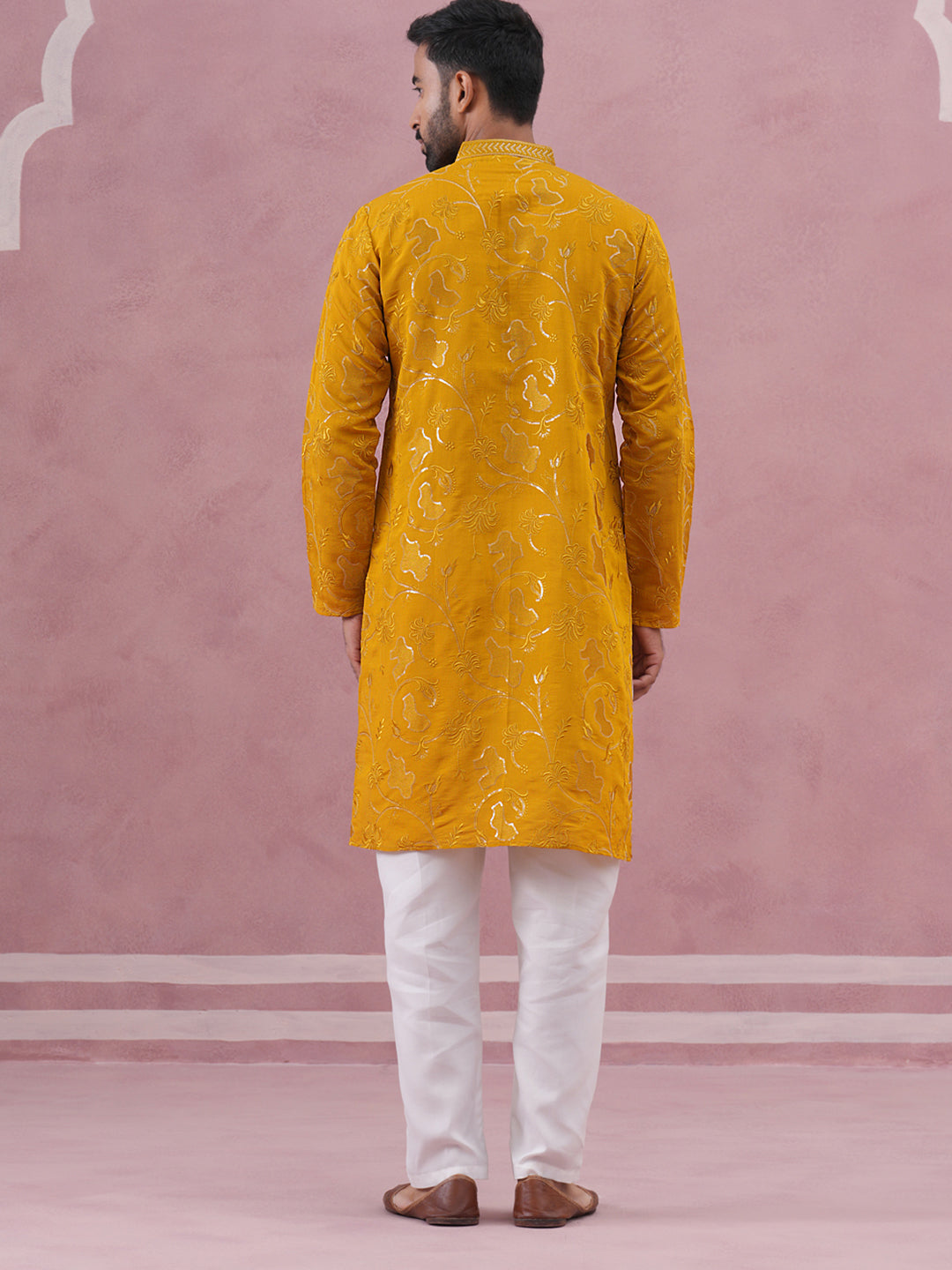 Men's Embroidered Silk Blend Kurta Pyjama Set ( 65KP P 5338 P 5338Mustard ) [FF] [A-1-4]