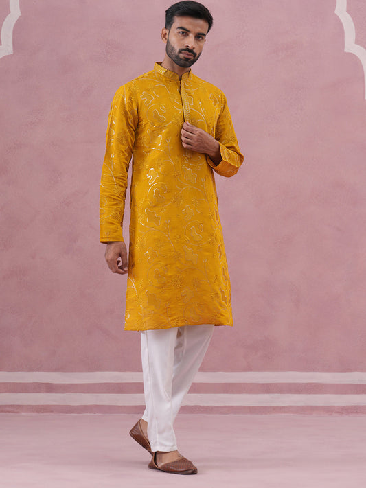 Men's Embroidered Silk Blend Kurta Pyjama Set ( 65KP P 5338 P 5338Mustard ) [FF] [A-1-4]