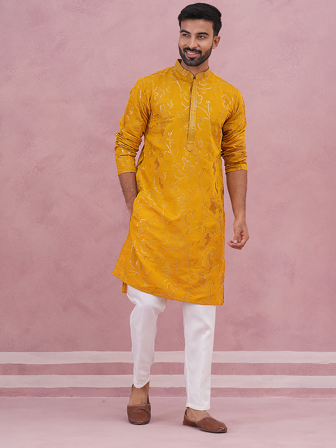 Men's Embroidered Silk Blend Kurta Pyjama Set ( 65KP P 5338 P 5338Mustard ) [FF] [A-1-4]