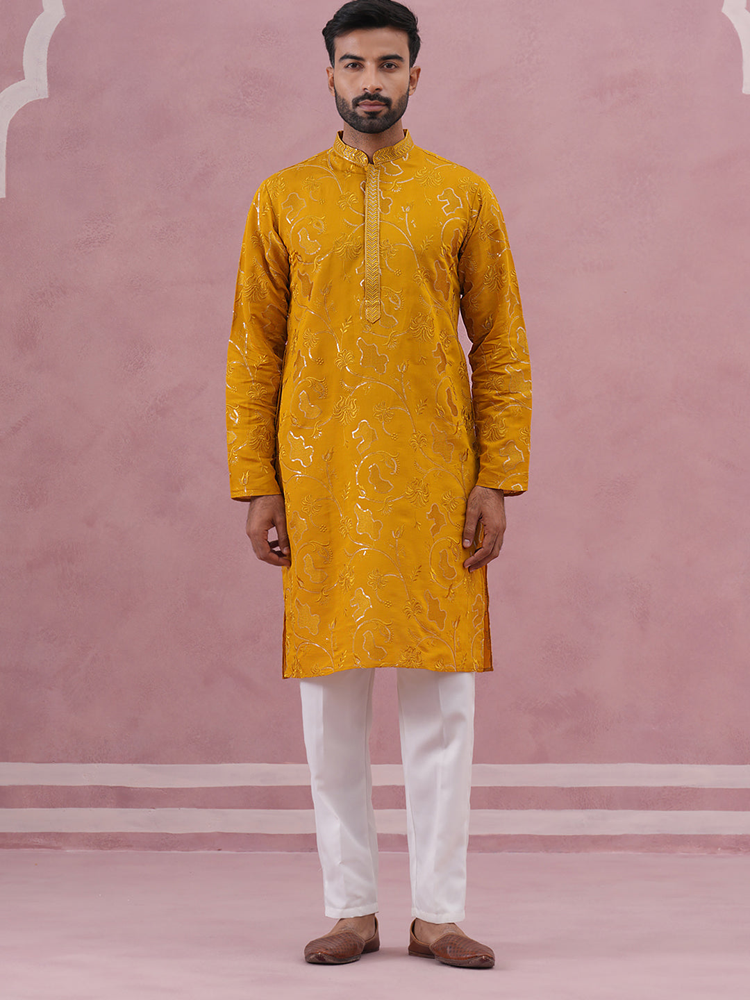 Men's Embroidered Silk Blend Kurta Pyjama Set ( 65KP P 5338 P 5338Mustard ) [FF] [A-1-4]