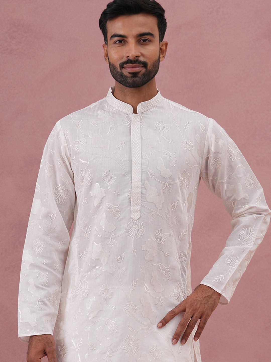 Men's Embroidered Silk Blend Kurta Pyjama Set (65KP P 5338 White ) [FF] [A-1-4]