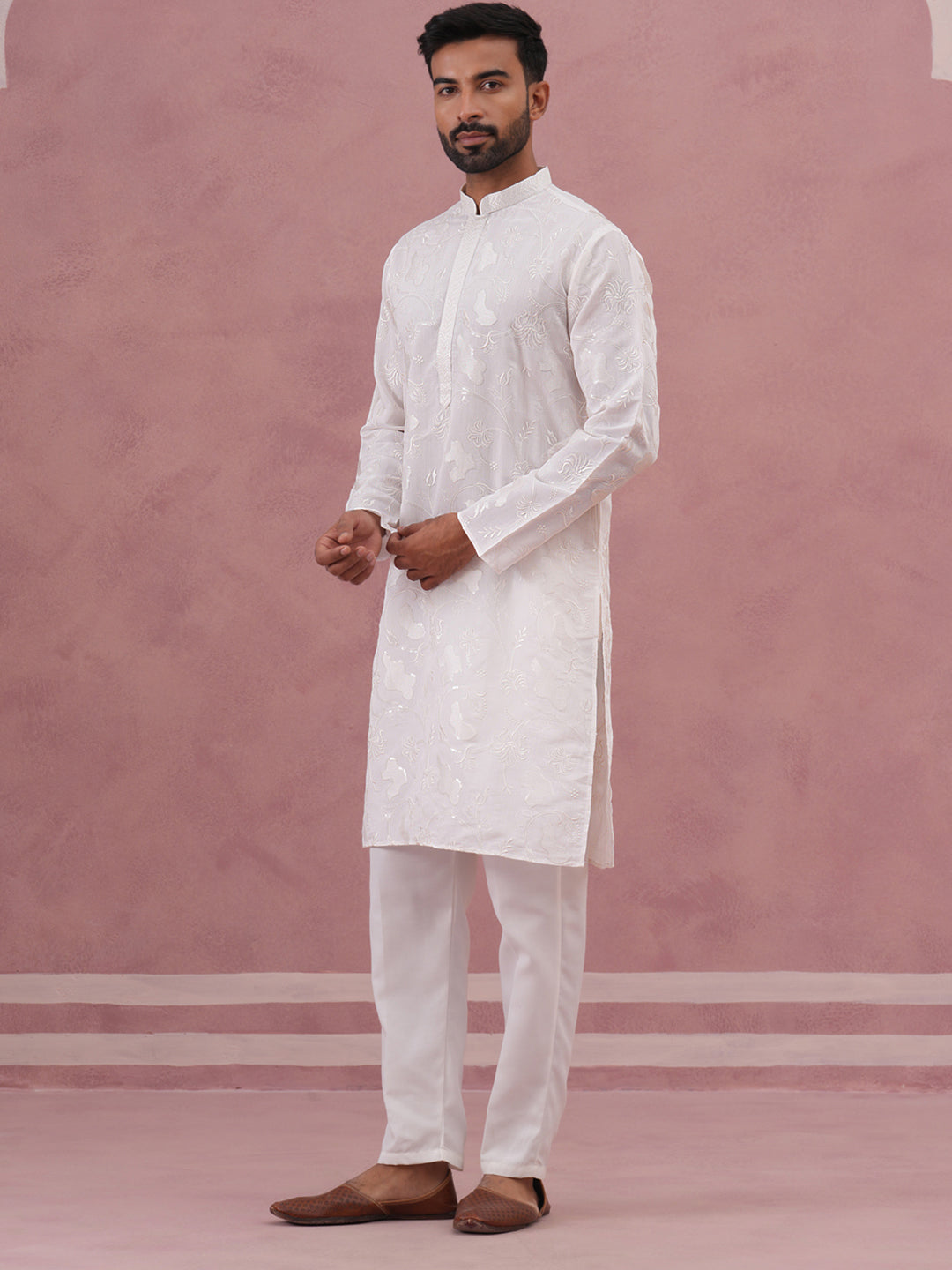 Men's Embroidered Silk Blend Kurta Pyjama Set (65KP P 5338 White ) [FF] [A-1-4]