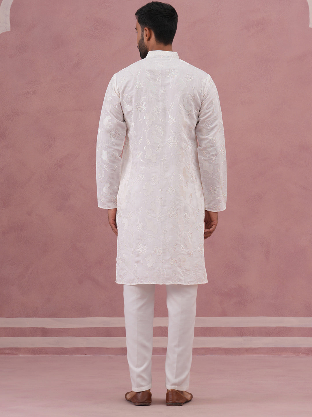 Men's Embroidered Silk Blend Kurta Pyjama Set (65KP P 5338 White ) [FF] [A-1-4]