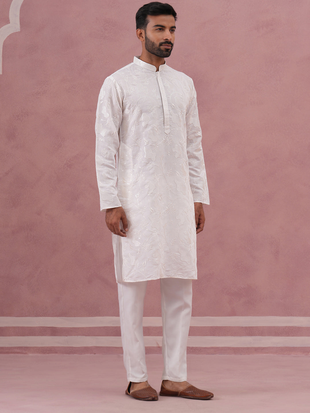 Men's Embroidered Silk Blend Kurta Pyjama Set (65KP P 5338 White ) [FF] [A-1-4]