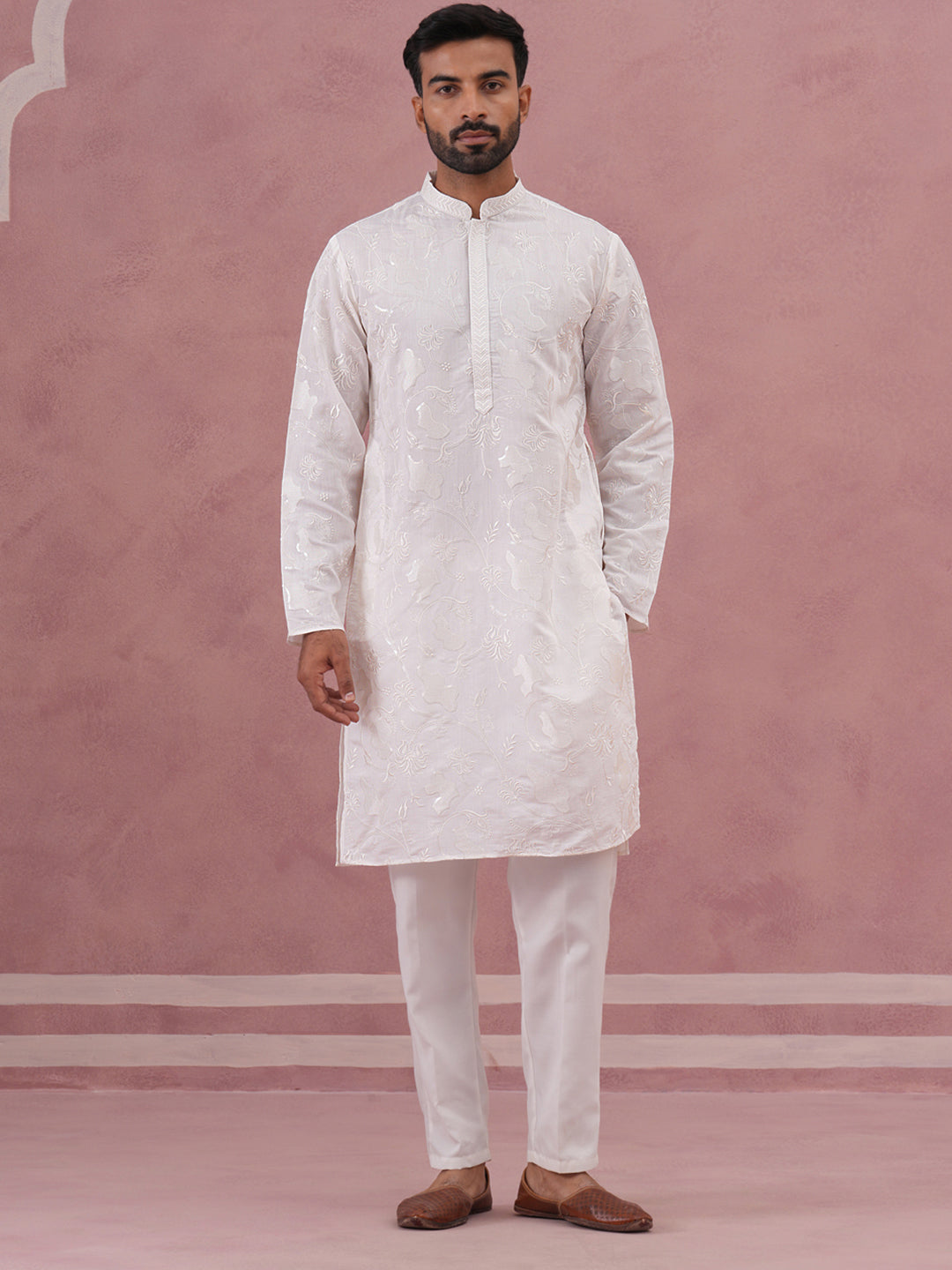 Men's Embroidered Silk Blend Kurta Pyjama Set (65KP P 5338 White ) [FF] [A-1-4]