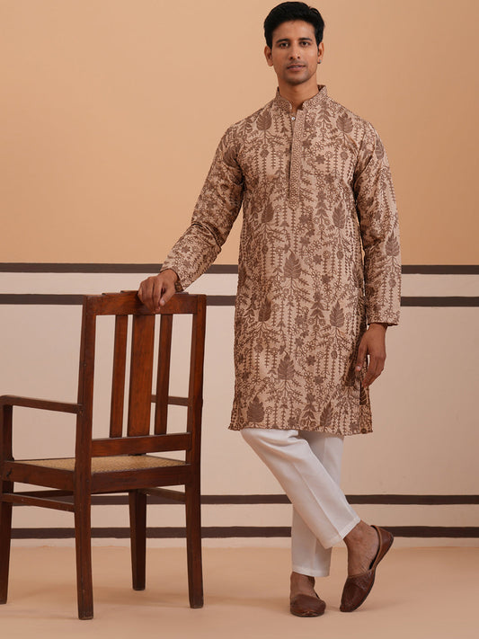Men’s Ethnic Embroidered Kurta Pyjama (65KP P 5339 Brown ) [FF] [P-12]