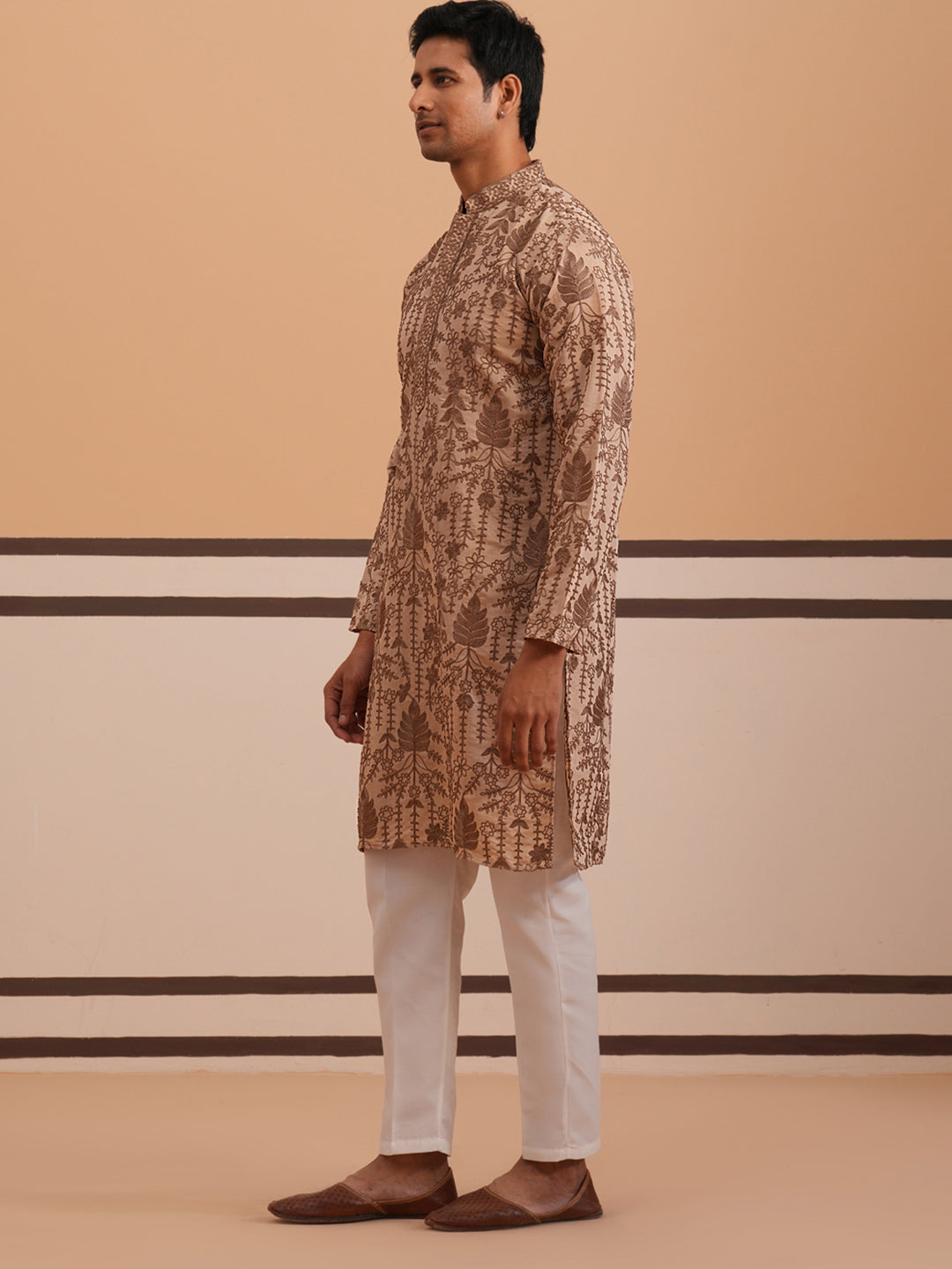 Men’s Ethnic Embroidered Kurta Pyjama (65KP P 5339 Brown ) [FF] [P-12]