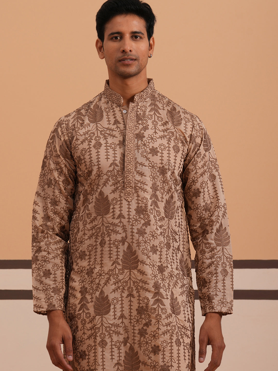 Men’s Ethnic Embroidered Kurta Pyjama (65KP P 5339 Brown ) [FF] [P-12]