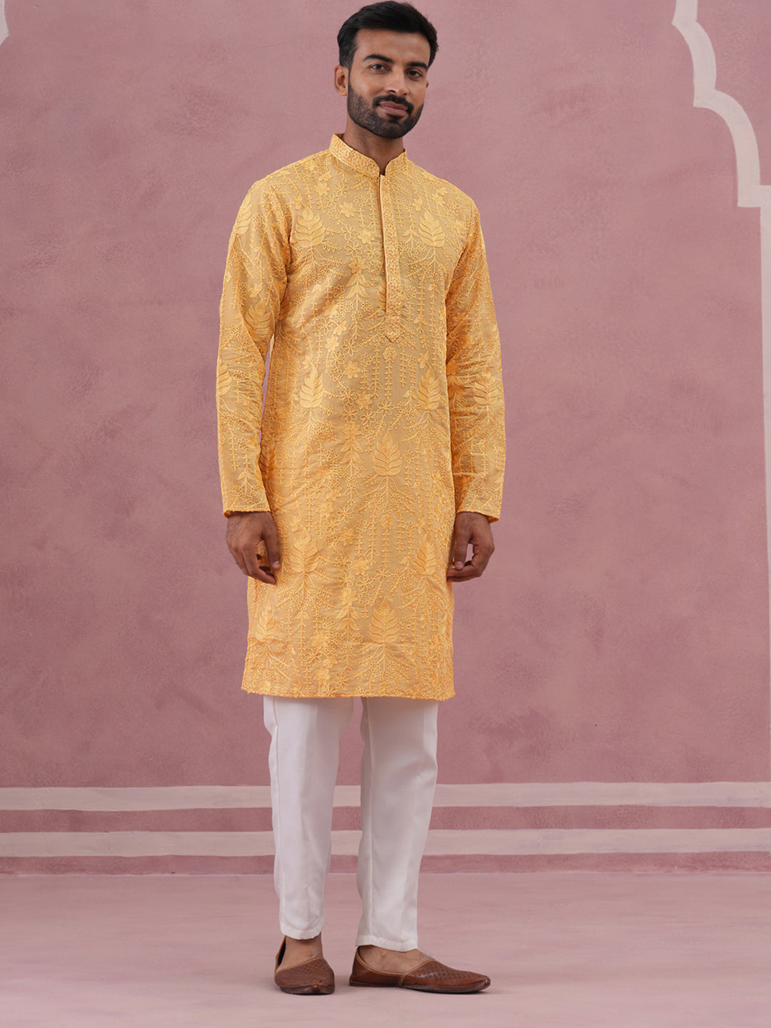 Men’s Ethnic Embroidered Kurta Pyjama (65KP P 5339 Yellow ) [FF] [P-12]