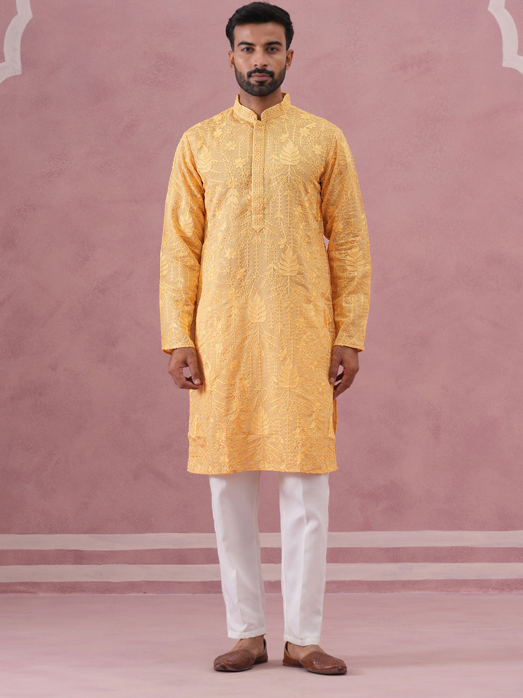 Men’s Ethnic Embroidered Kurta Pyjama (65KP P 5339 Yellow ) [FF] [P-12]