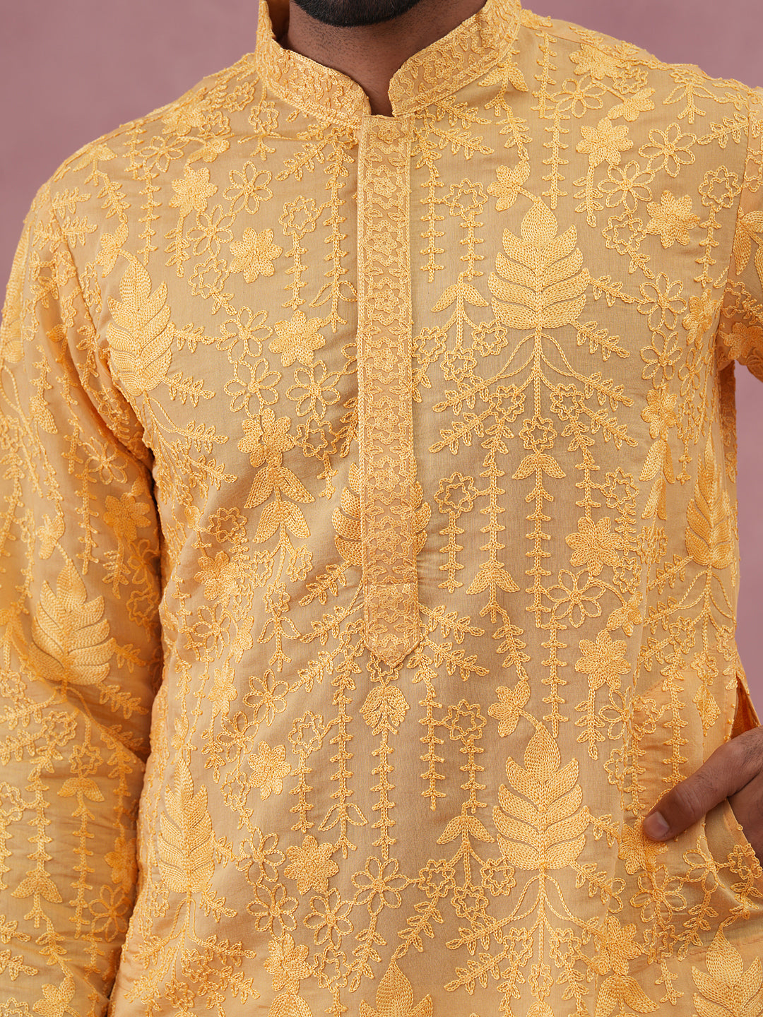 Men’s Ethnic Embroidered Kurta Pyjama (65KP P 5339 Yellow ) [FF] [P-12]