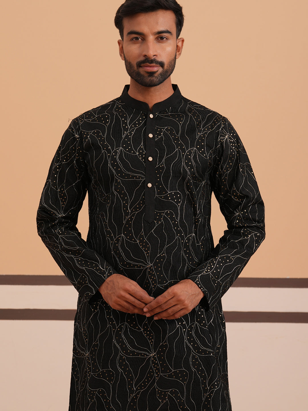 Silk Blend Embroidered & Sequinned Kurta Pyjama Set (65KP P 5340 Black ) [FF] [P-15]