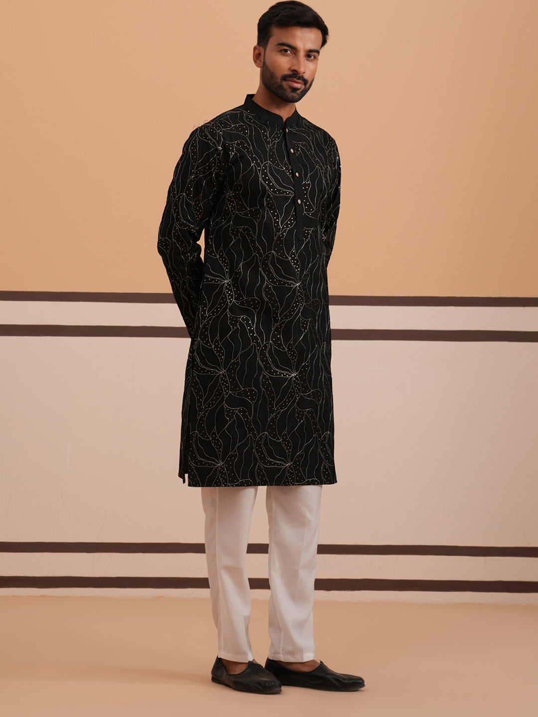 Silk Blend Embroidered & Sequinned Kurta Pyjama Set (65KP P 5340 Black ) [FF] [P-15]