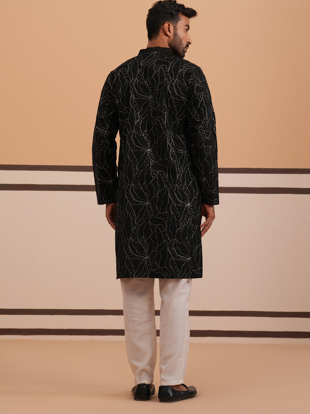Silk Blend Embroidered & Sequinned Kurta Pyjama Set (65KP P 5340 Black ) [FF] [P-15]