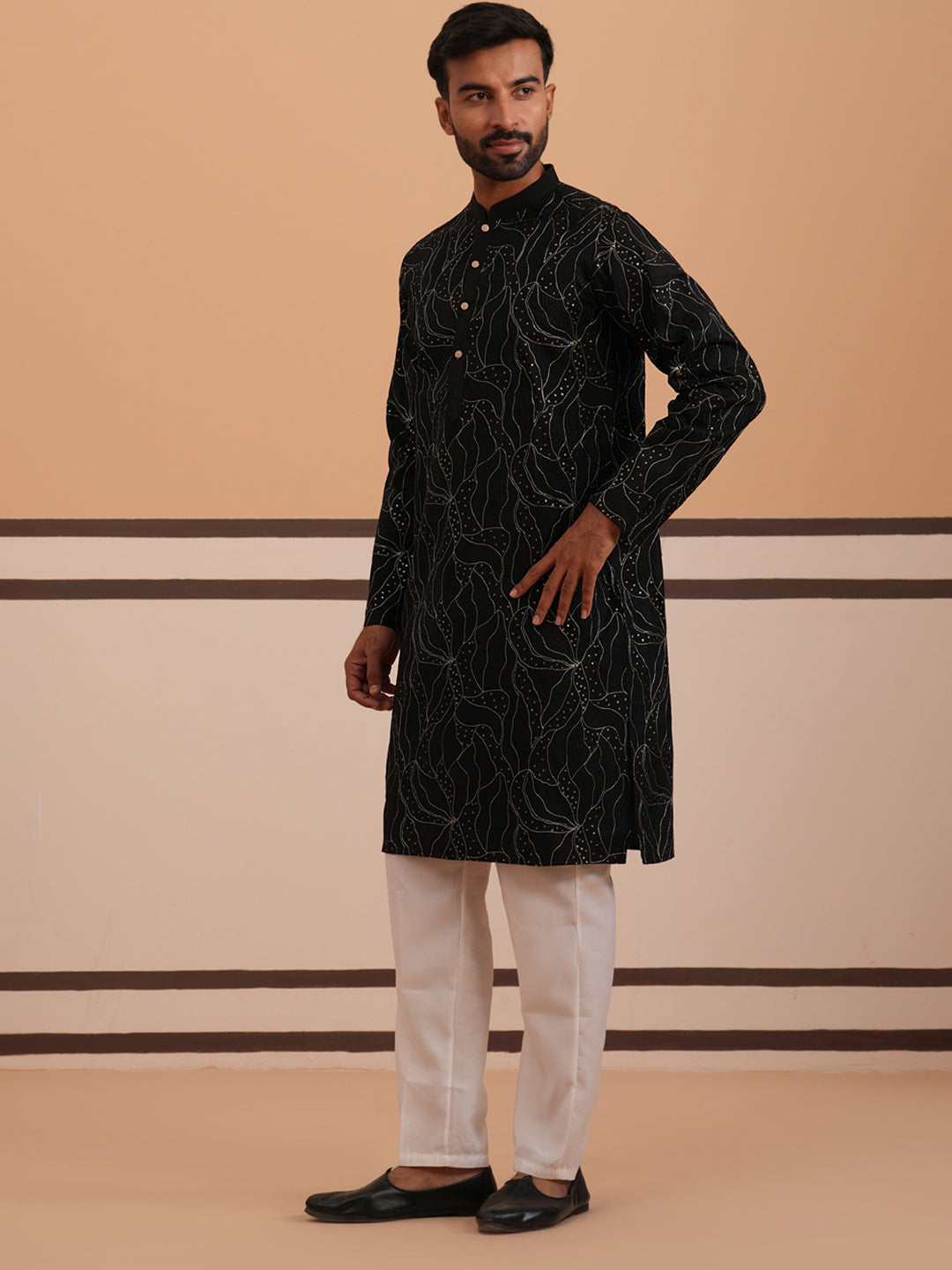 Silk Blend Embroidered & Sequinned Kurta Pyjama Set (65KP P 5340 Black ) [FF] [P-15]