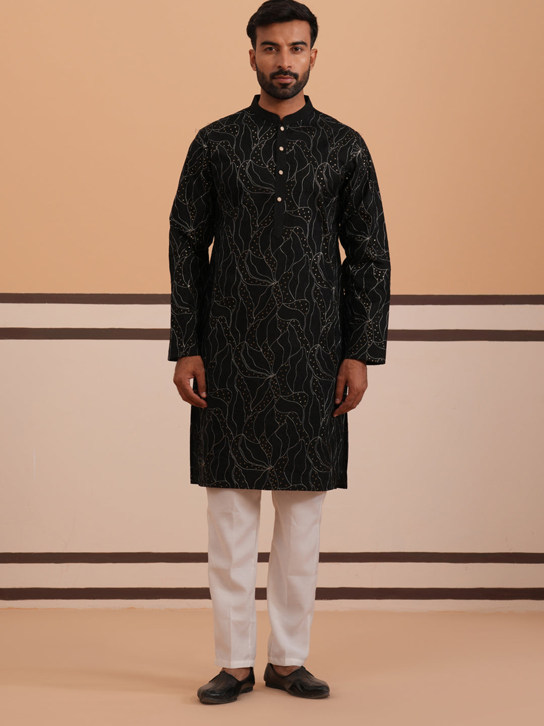 Silk Blend Embroidered & Sequinned Kurta Pyjama Set (65KP P 5340 Black ) [FF] [P-15]