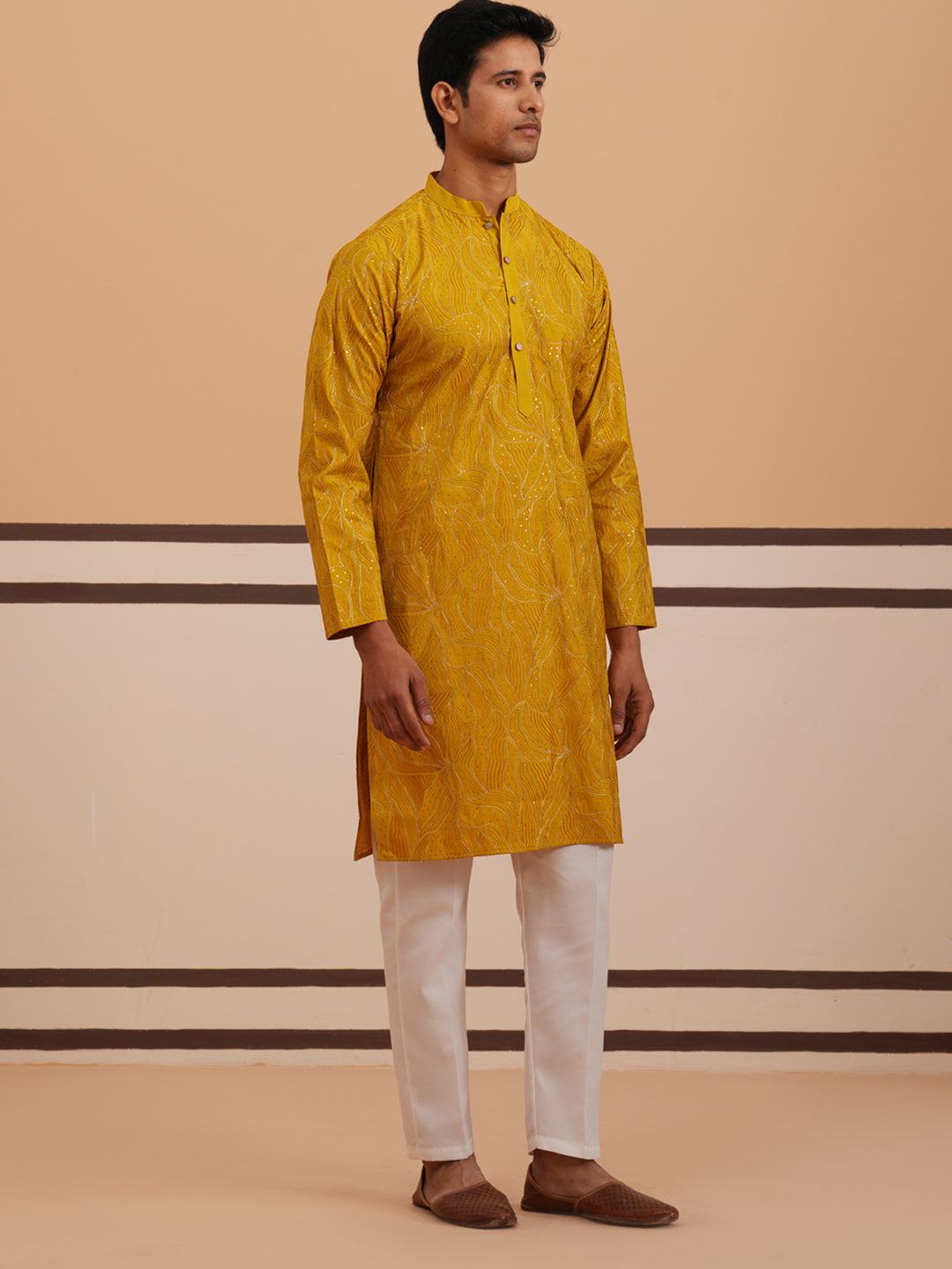Silk Blend Embroidered & Sequinned Kurta Pyjama Set ( 65KP P 5340 P 5340Mustard ) [FF] [P-15]