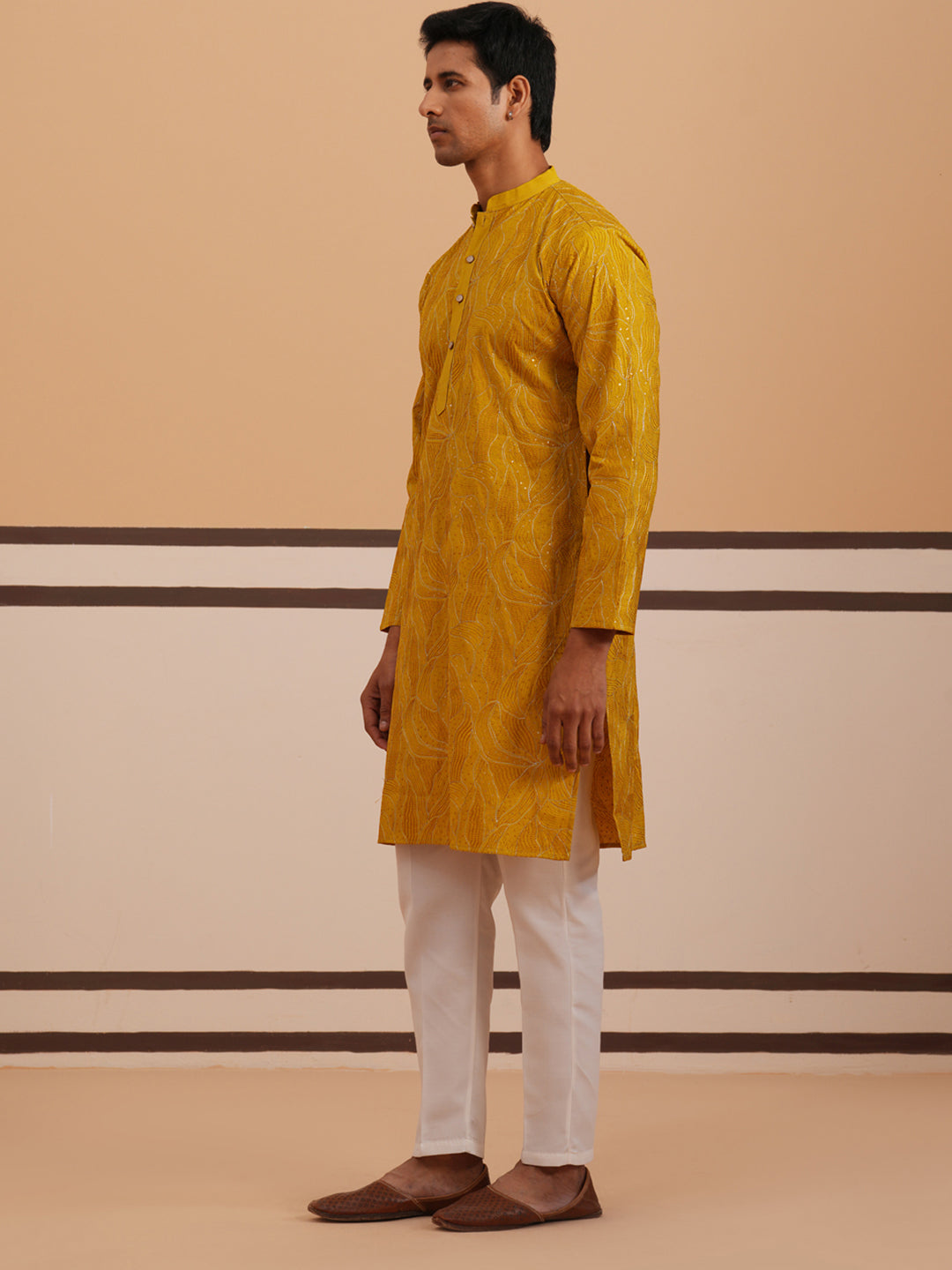 Silk Blend Embroidered & Sequinned Kurta Pyjama Set ( 65KP P 5340 P 5340Mustard ) [FF] [P-15]