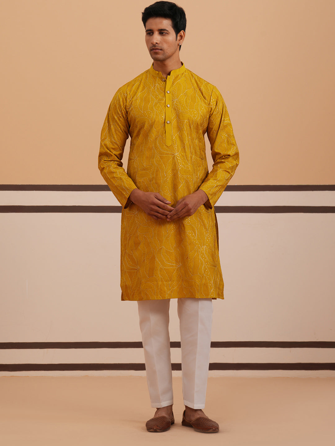 Silk Blend Embroidered & Sequinned Kurta Pyjama Set ( 65KP P 5340 P 5340Mustard ) [FF] [P-15]