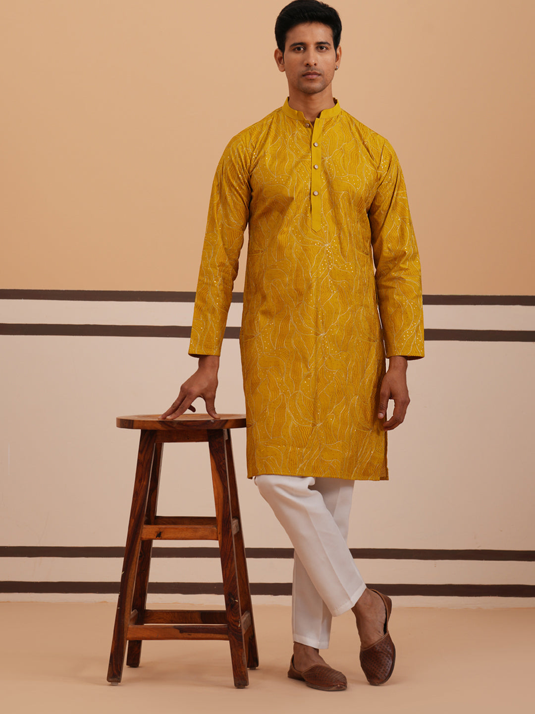 Silk Blend Embroidered & Sequinned Kurta Pyjama Set ( 65KP P 5340 P 5340Mustard ) [FF] [P-15]