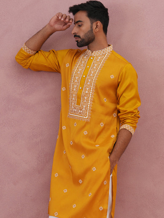 Men’s Ethnic Silk Blend Embroidered Kurta Set ( 65KP P 5341 P 5341Mustard ) [FF] [A-1-4]