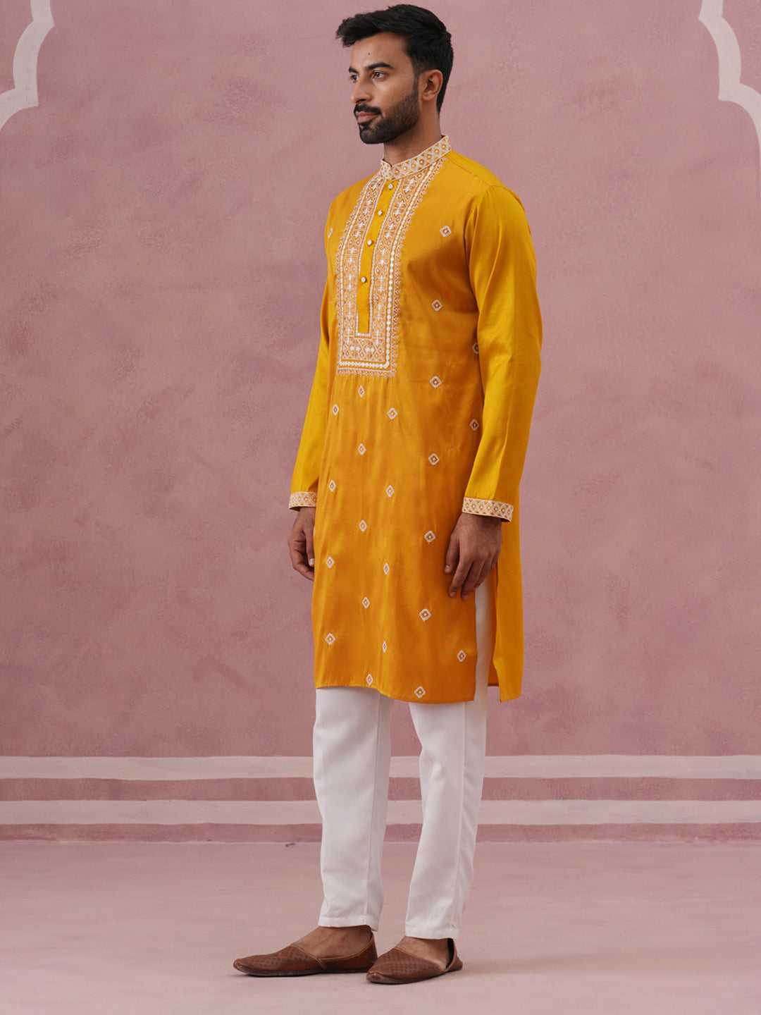 Men’s Ethnic Silk Blend Embroidered Kurta Set ( 65KP P 5341 P 5341Mustard ) [FF] [A-1-4]