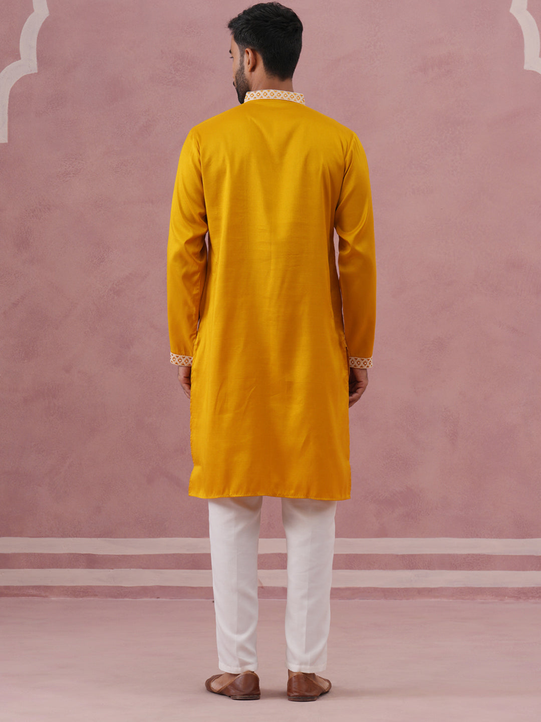 Men’s Ethnic Silk Blend Embroidered Kurta Set ( 65KP P 5341 P 5341Mustard ) [FF] [A-1-4]