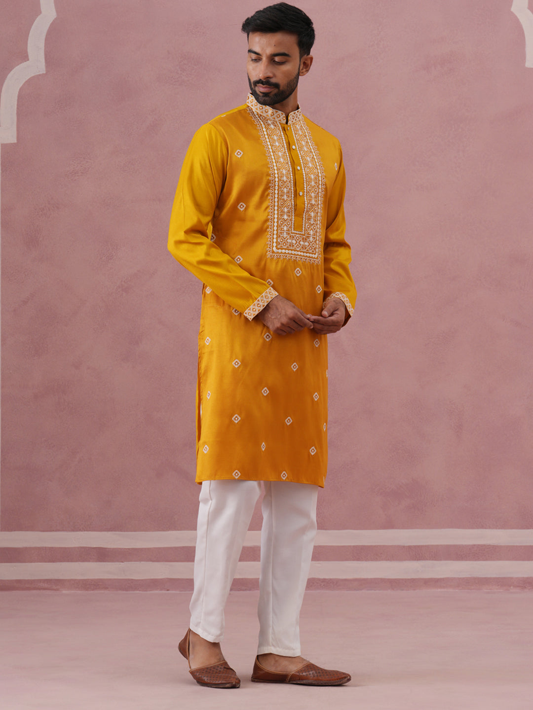 Men’s Ethnic Silk Blend Embroidered Kurta Set ( 65KP P 5341 P 5341Mustard ) [FF] [A-1-4]