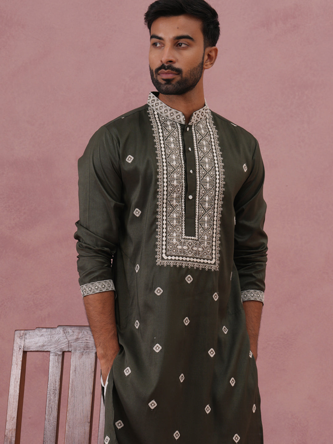 Men’s Ethnic Silk Blend Embroidered Kurta Set ( 65KP P 5341 P 5341Olive ) [FF] [A-1-4]