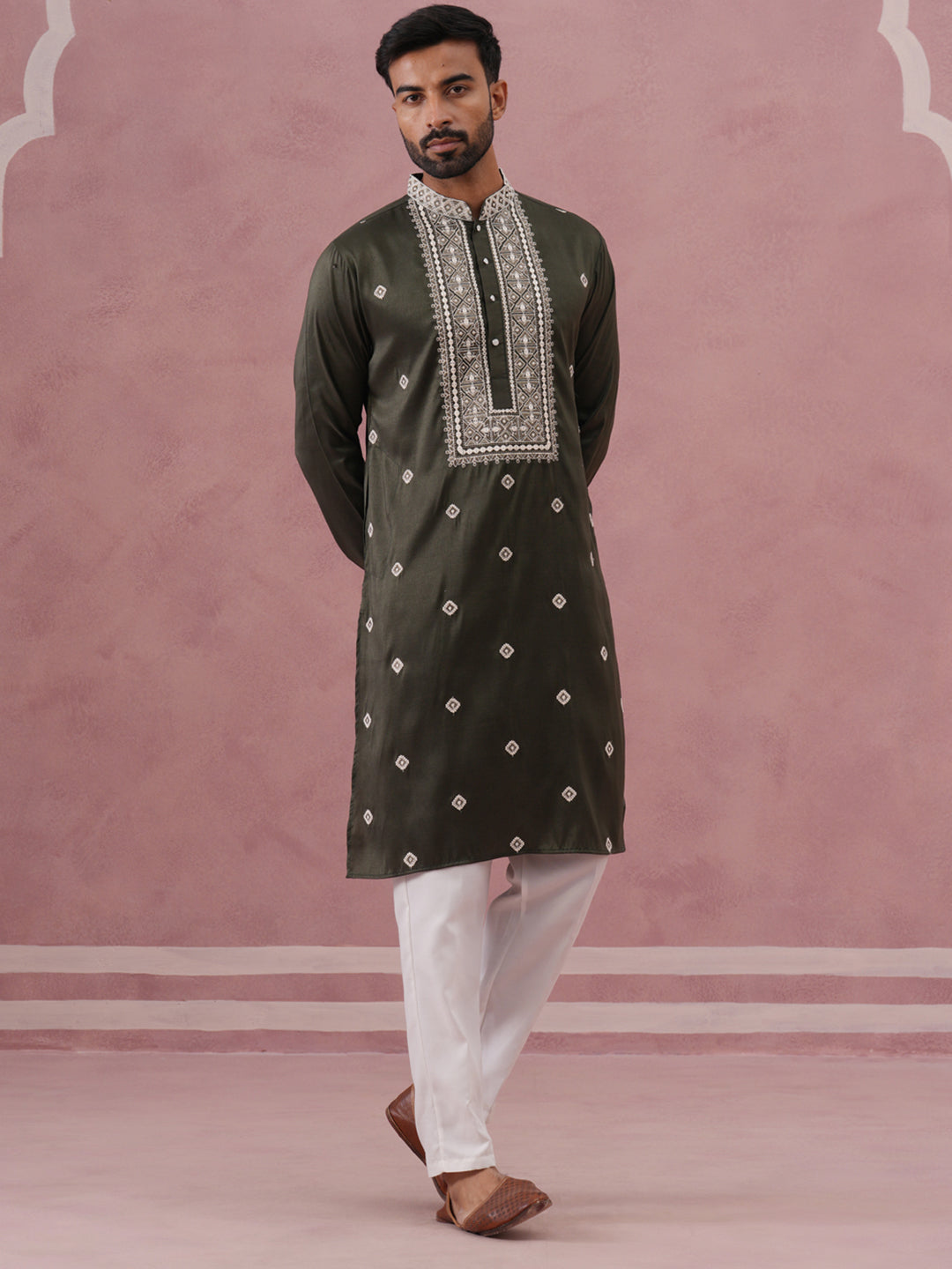 Men’s Ethnic Silk Blend Embroidered Kurta Set ( 65KP P 5341 P 5341Olive ) [FF] [A-1-4]