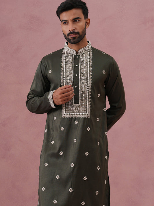 Men’s Ethnic Silk Blend Embroidered Kurta Set ( 65KP P 5341 P 5341Olive ) [FF] [A-1-4]