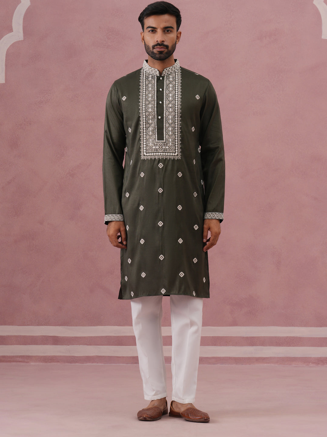 Men’s Ethnic Silk Blend Embroidered Kurta Set ( 65KP P 5341 P 5341Olive ) [FF] [A-1-4]