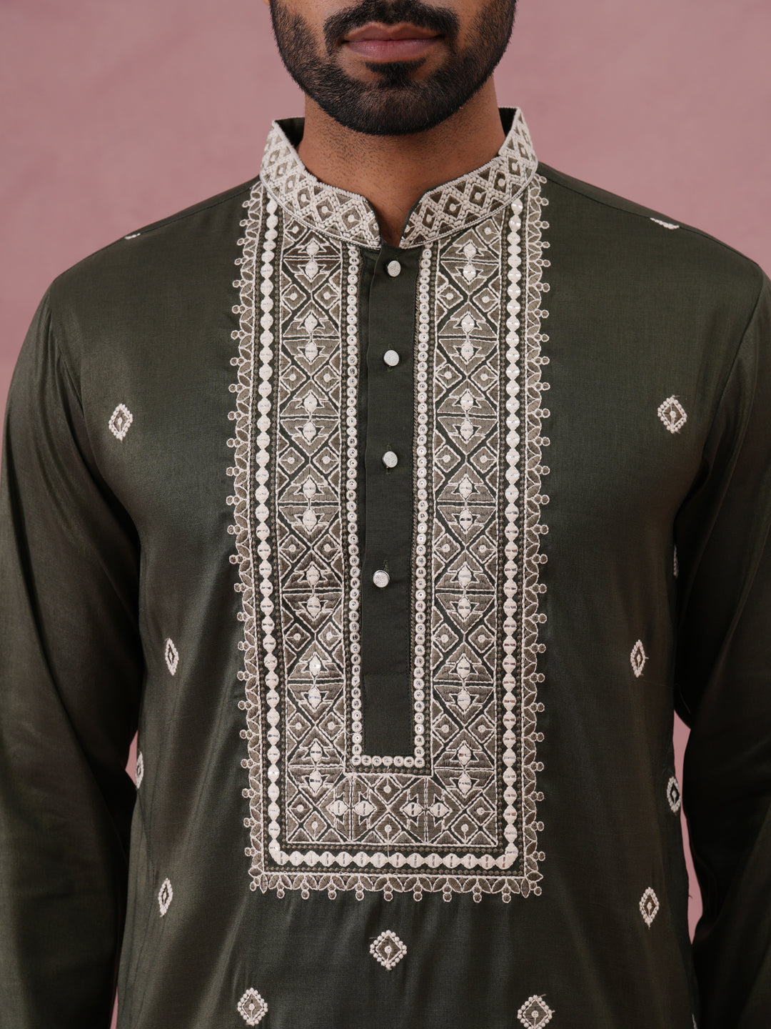 Men’s Ethnic Silk Blend Embroidered Kurta Set ( 65KP P 5341 P 5341Olive ) [FF] [A-1-4]