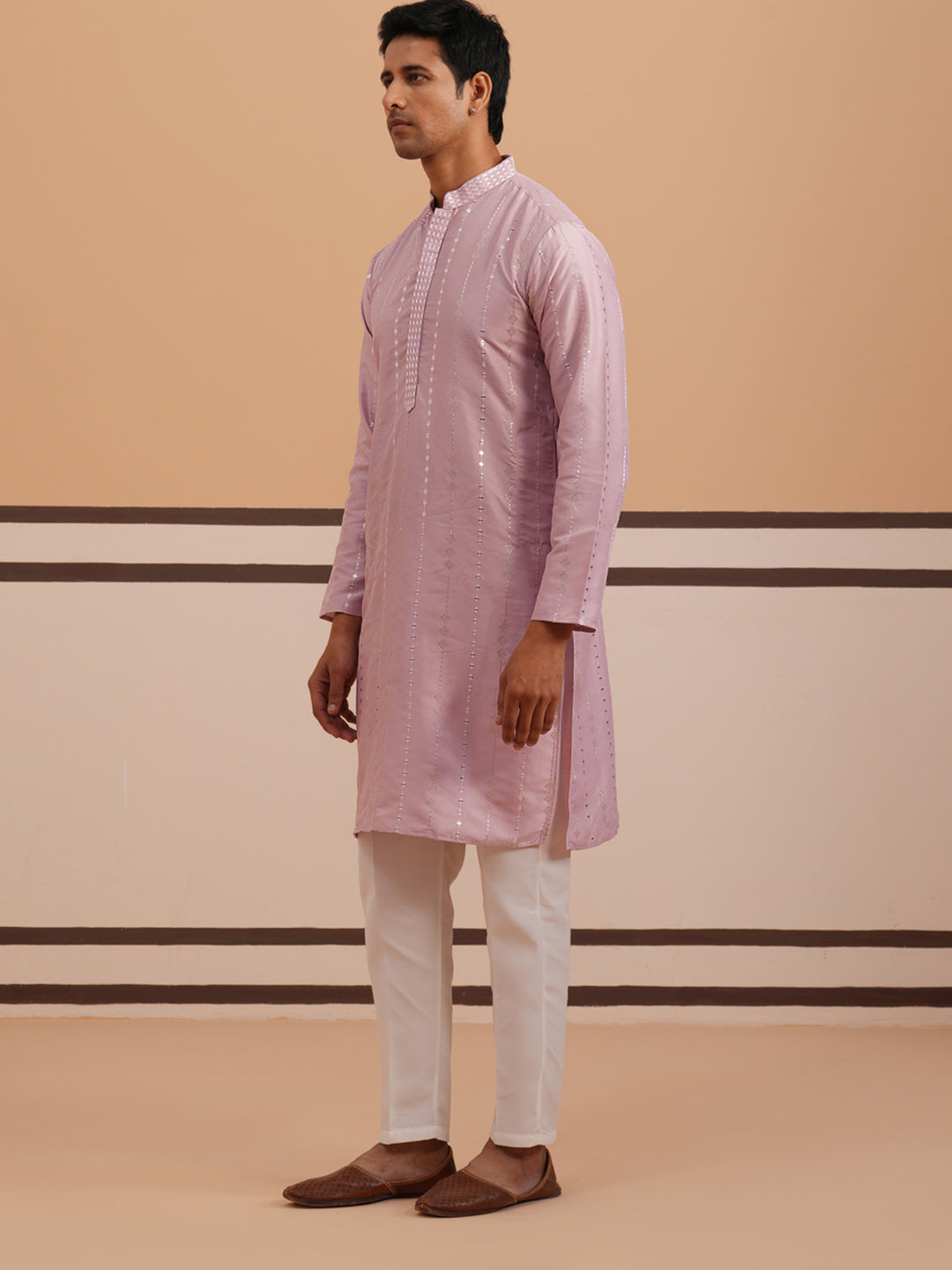 Traditional Silk-Blend Lavender Kurta Pyjama for Men ( 65KP P 5343 P 5343Lavender ) [FF] [B-1-2]