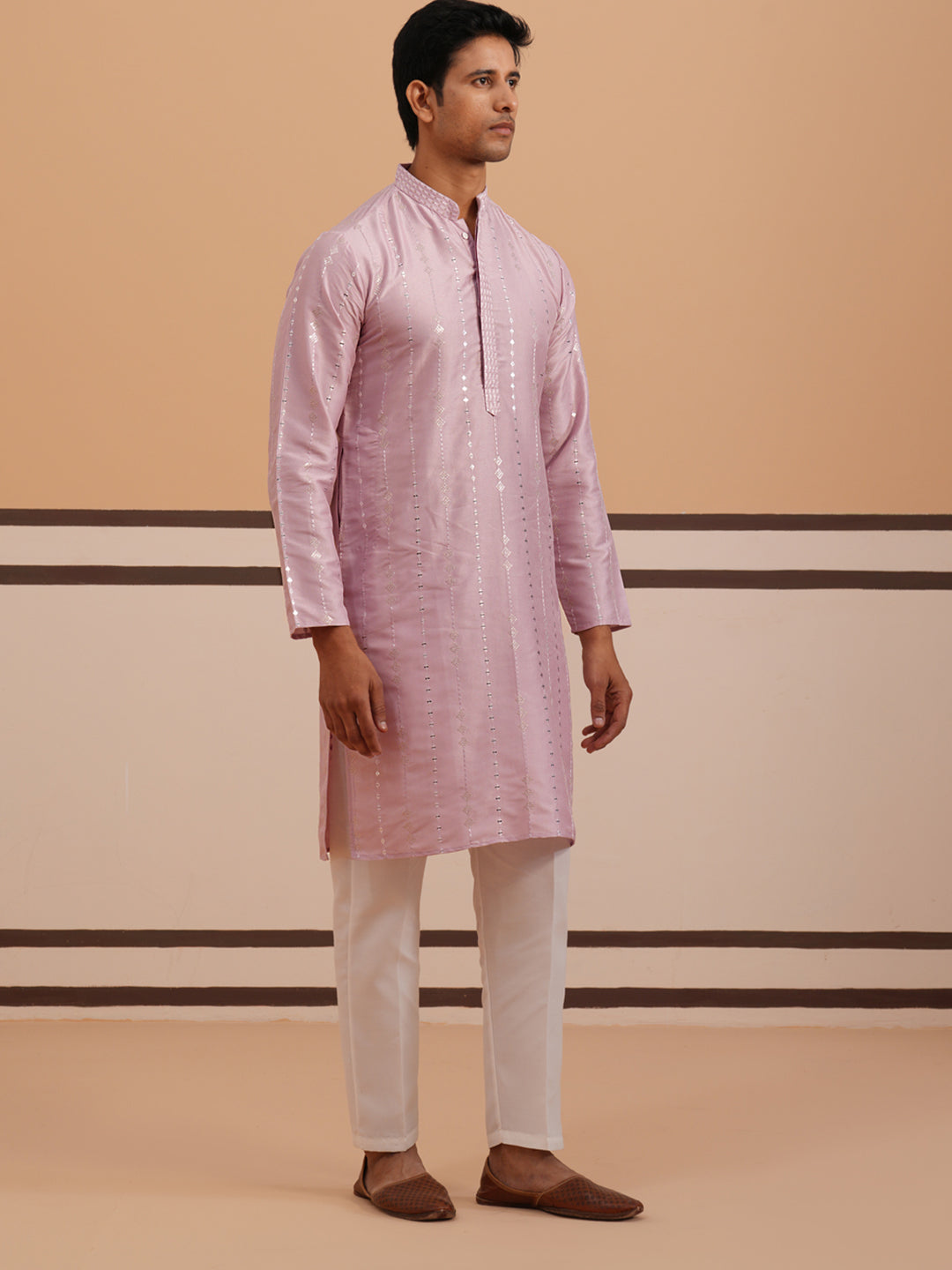 Traditional Silk-Blend Lavender Kurta Pyjama for Men ( 65KP P 5343 P 5343Lavender ) [FF] [B-1-2]