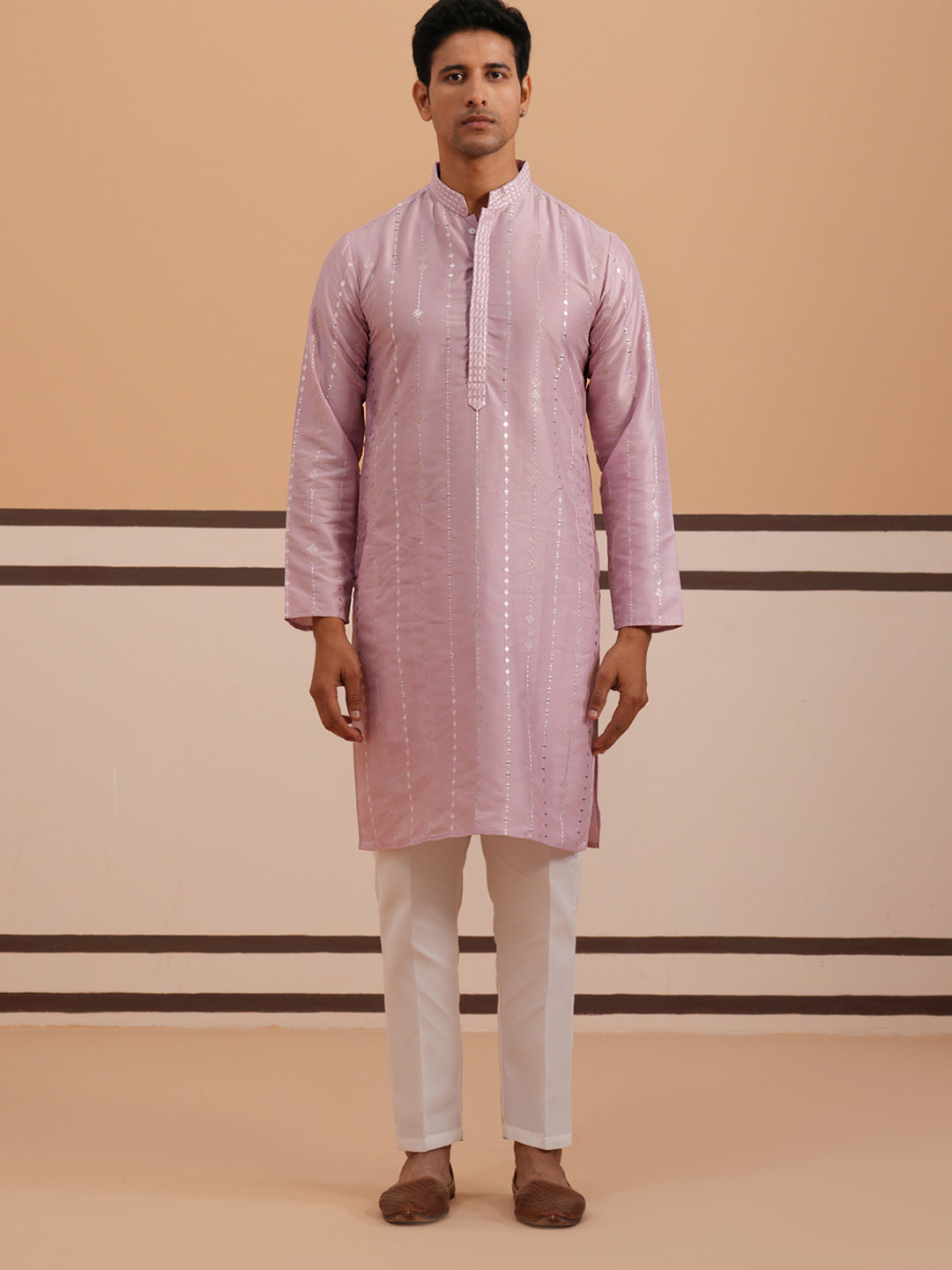 Traditional Silk-Blend Lavender Kurta Pyjama for Men ( 65KP P 5343 P 5343Lavender ) [FF] [B-1-2]