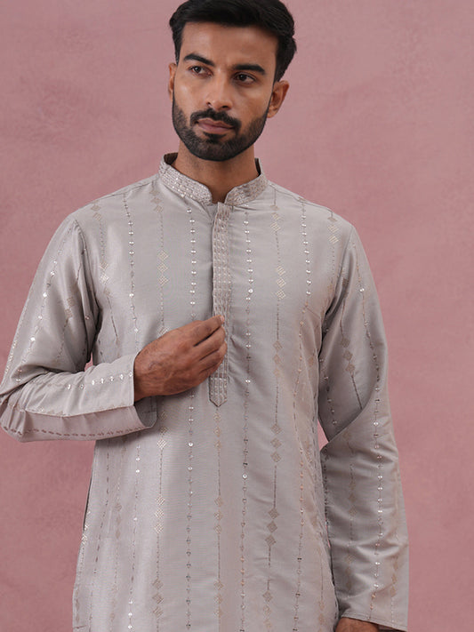 Traditional Silk-Blend Silver Kurta Pyjama for Men (65KP P 5343 Silver )