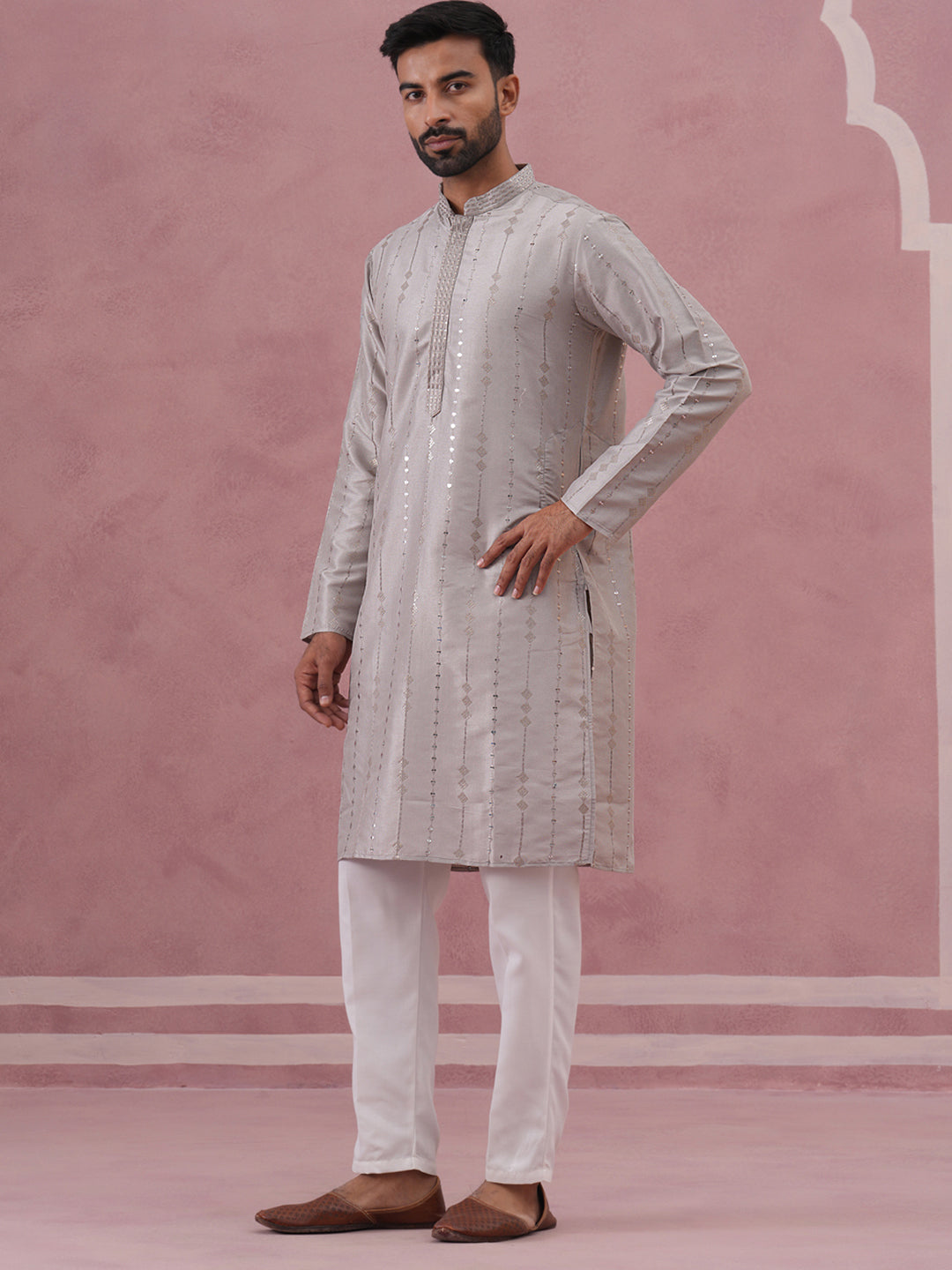 Traditional Silk-Blend Silver Kurta Pyjama for Men (65KP P 5343 Silver ) [FF] [B-1-2]