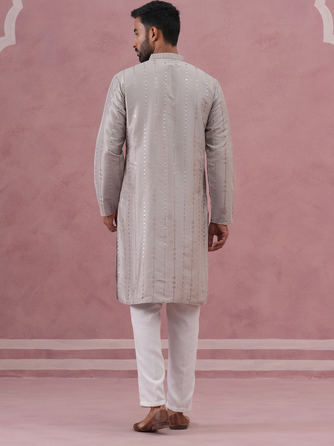 Traditional Silk-Blend Silver Kurta Pyjama for Men (65KP P 5343 Silver ) [FF] [B-1-2]