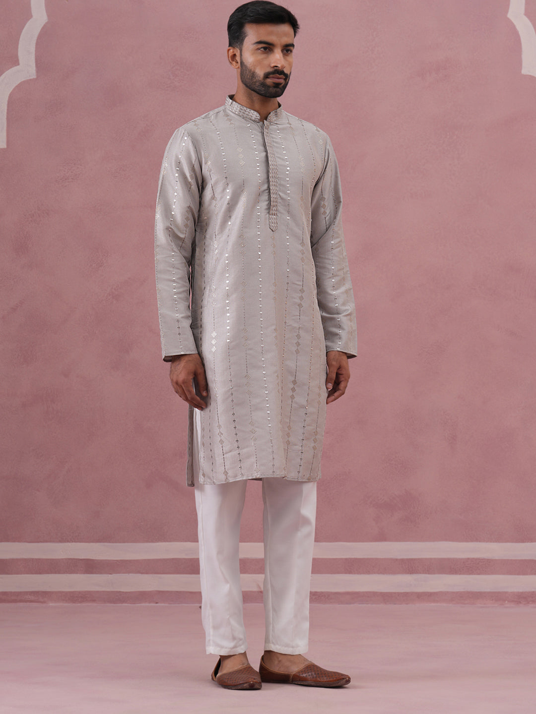 Traditional Silk-Blend Silver Kurta Pyjama for Men (65KP P 5343 Silver ) [FF] [B-1-2]