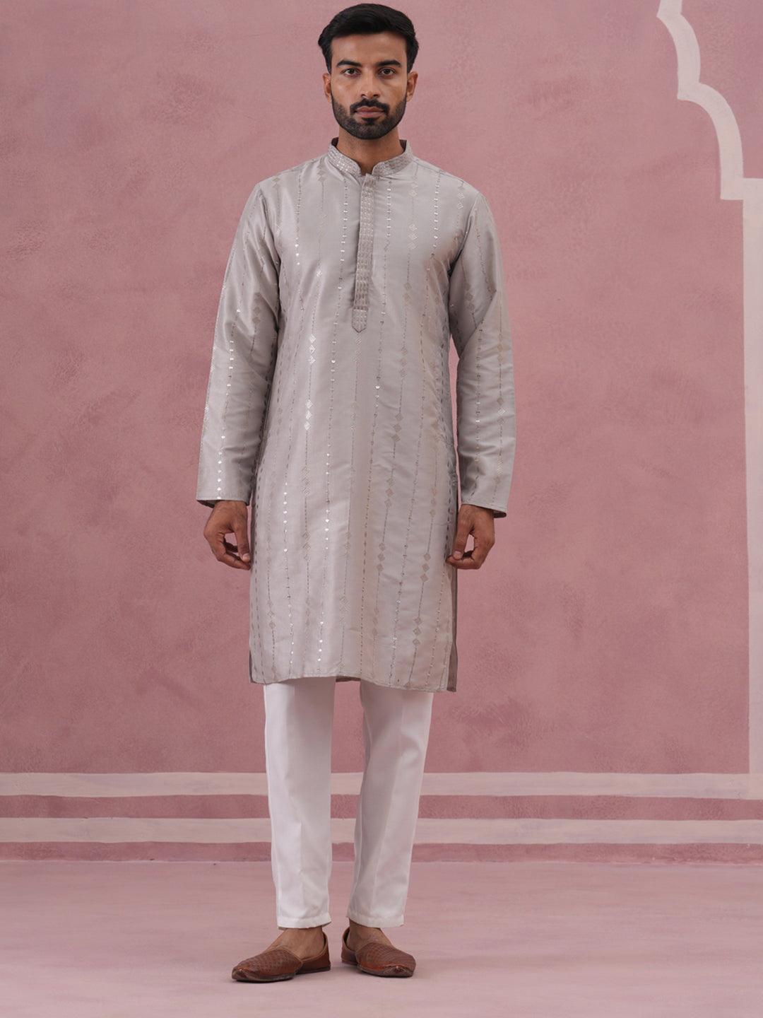 Traditional Silk-Blend Silver Kurta Pyjama for Men (65KP P 5343 Silver ) [FF] [B-1-2]