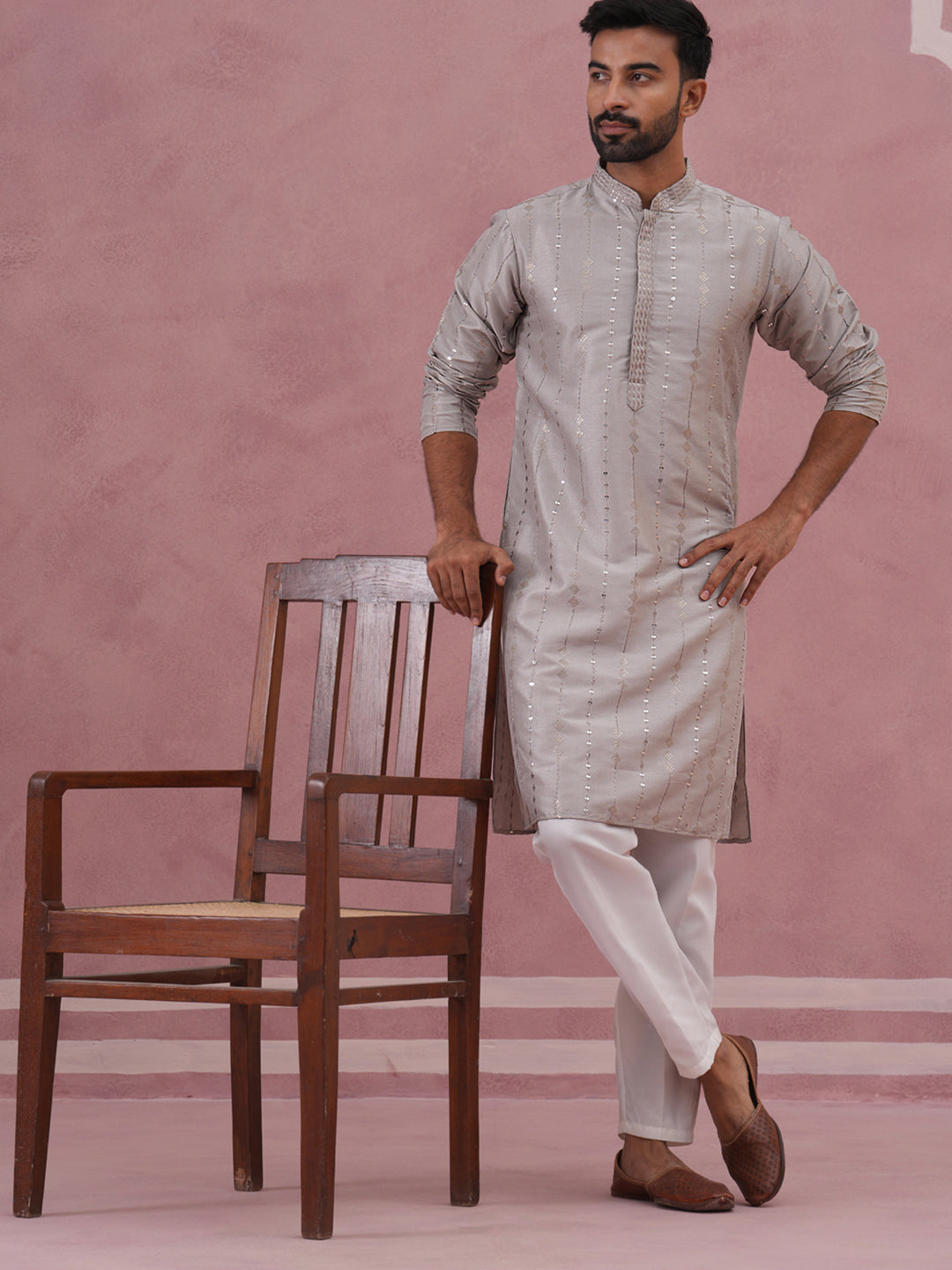 Traditional Silk-Blend Silver Kurta Pyjama for Men (65KP P 5343 Silver ) [FF] [B-1-2]