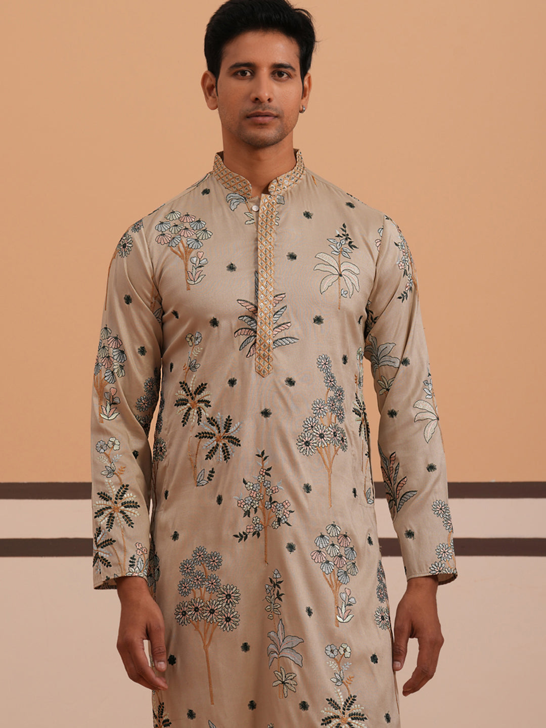 Botanical Embroidered Cotton Blend Kurta Set for Men (65KP P 5344 Beige ) [FF] [Q-4]
