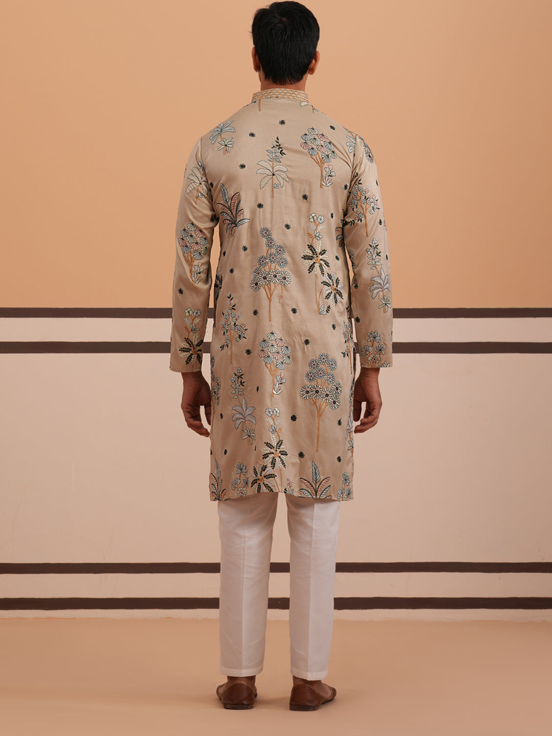 Botanical Embroidered Cotton Blend Kurta Set for Men (65KP P 5344 Beige ) [FF] [Q-4]