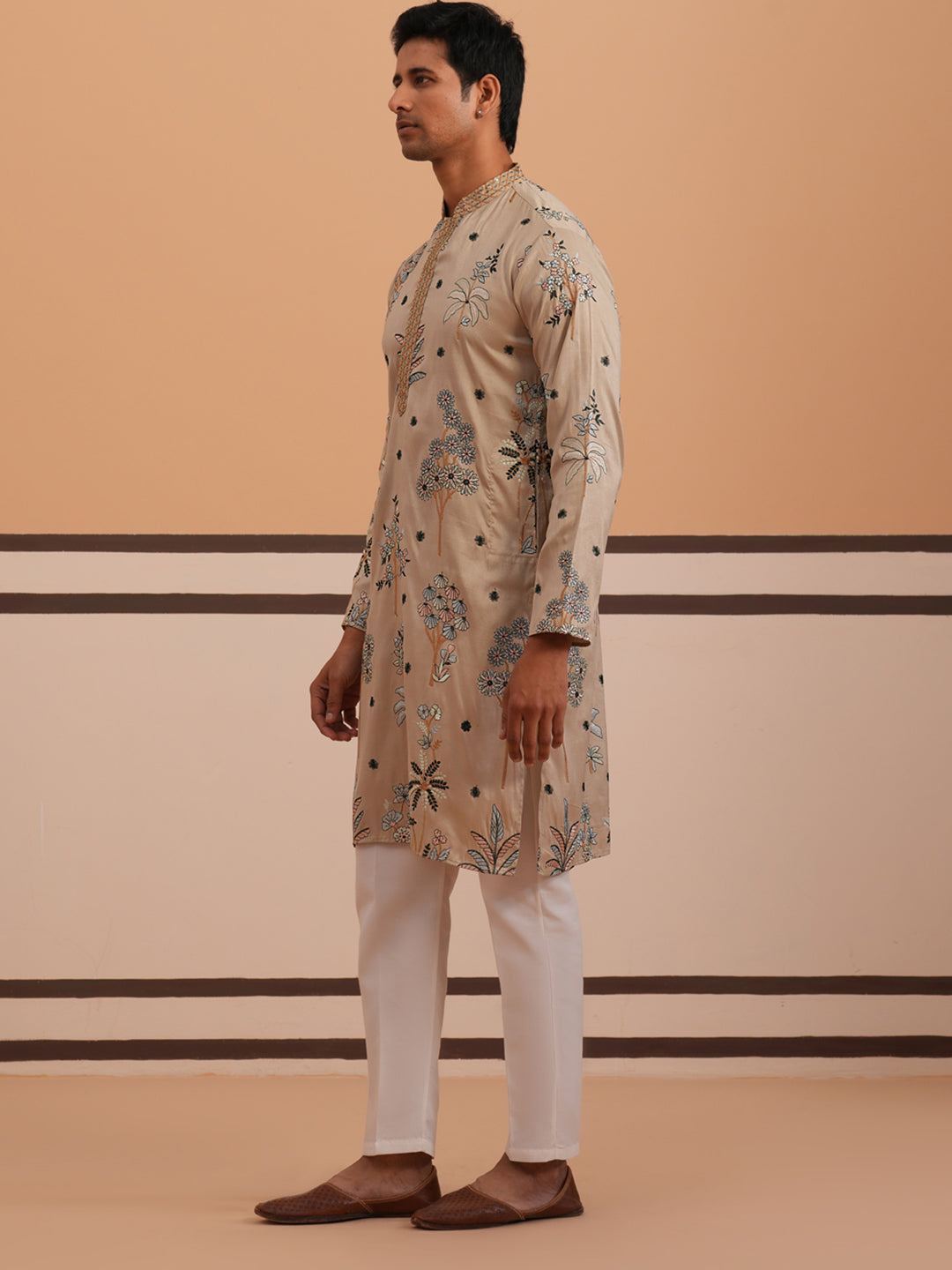 Botanical Embroidered Cotton Blend Kurta Set for Men (65KP P 5344 Beige ) [FF] [Q-4]