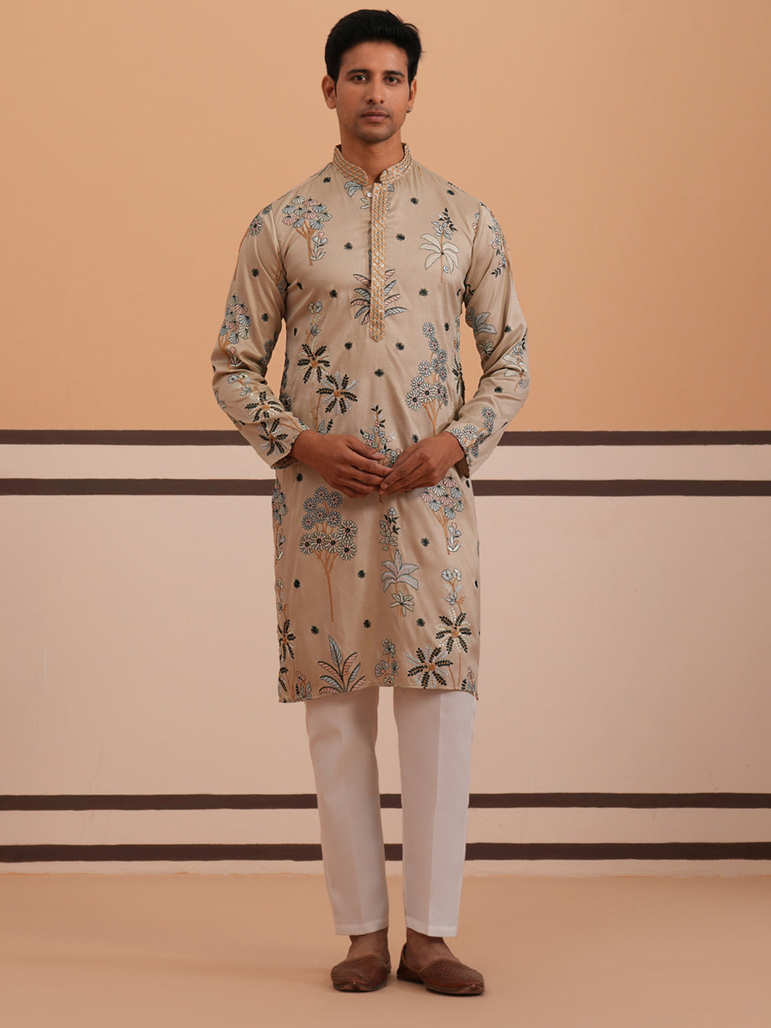 Botanical Embroidered Cotton Blend Kurta Set for Men (65KP P 5344 Beige ) [FF] [Q-4]